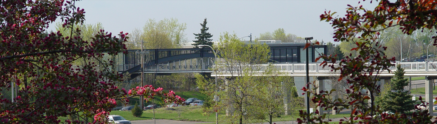 A view of the Century College walking bridge through the trees in bloom.